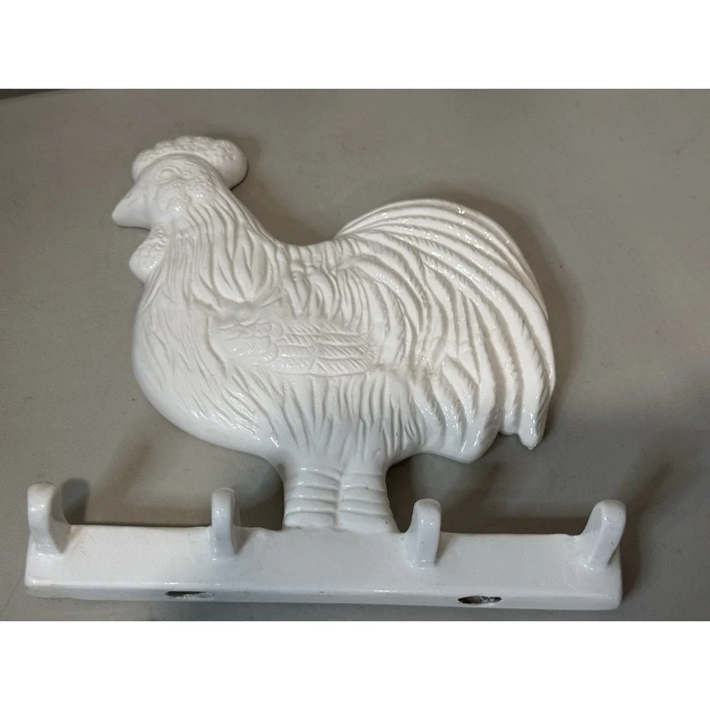 Vintage Ceramic Rooster Chicken Kitchen Towel Or Apron Hanger Holder 4 Hook